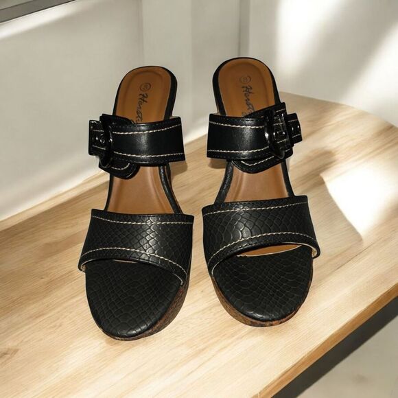 Herstyle Black Leather Mules with Chunky Heel SZ 8 - Picture 1 of 8